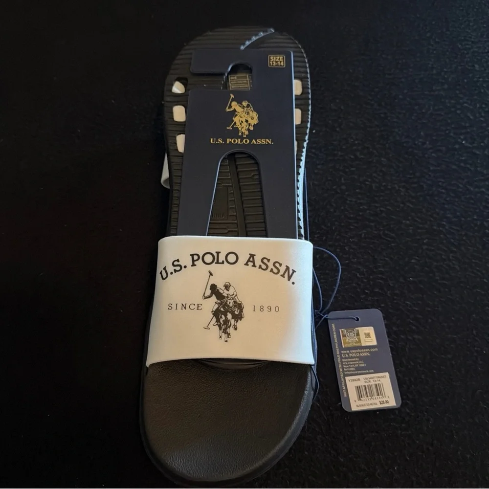 Men U.S. Polo Assn Slip On Sport Sandals‎   Black White Slippers 13-14 NWT